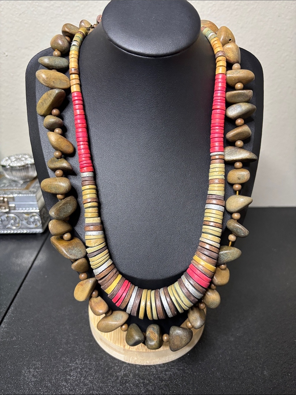 Bundle Vintage Wood Boho Reticulated Geometric Lot of 2 Necklace